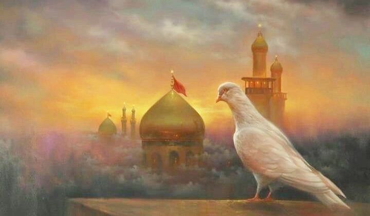 A painting of a white pigeon standing on top of a hill.